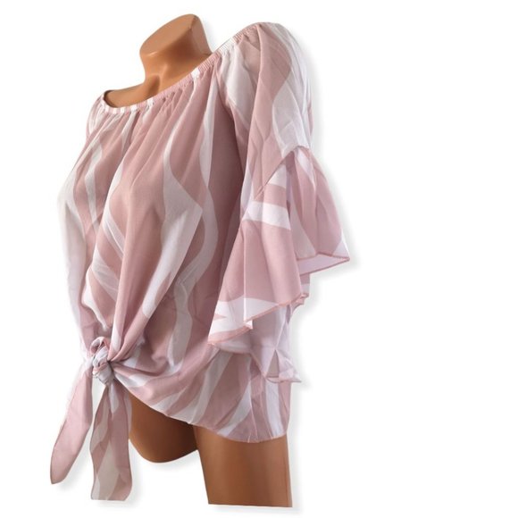 HOST PICK nwt Pink/White Stripes Off Shoulder Blouse Top L - Picture 2 of 5